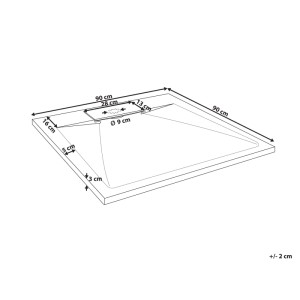 Dessin technique du receveur de douche carré Beliani 90x90 cm. Montre les dimensions détaillées et la position du drain latéral.