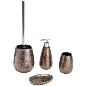 Set bagno Marrakesh: dispenser sapone, set scopino WC, portaspazzolino e portasapone in ceramica marrone.
