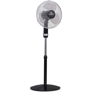 Sonnenkönig Ventilateur sur pied Black 16 : Ventilateur noir avec grille de protection argentée et pales transparentes.