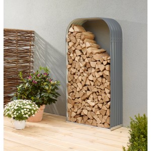 Vitavia Ardor 401 haut, range-bûches en granit rempli de bûches. Rangement pratique du bois de chauffage.
