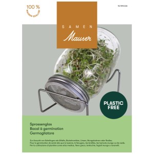 Germoir Samen Mauser 750 ml avec germes et tamis en métal.