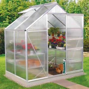 Vitavia Gewächshaus Planet 2500 mit Alu-Rahmen, geöffneter Tür und Pflanzen auf Regalen.