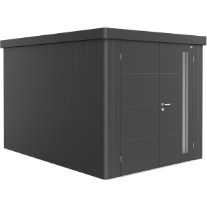 Casetta da giardino Biohort Neo 4B in grigio scuro metallizzato con doppia porta e finestra.