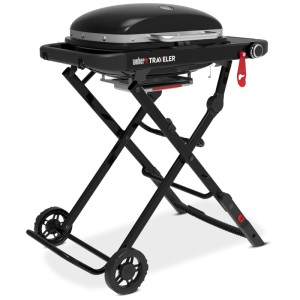 Barbecue a gas Weber Traveler Compact nero con telaio pieghevole e ruote.