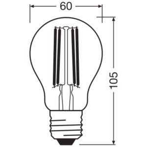 Skizze einer klaren Osram LED-Glühbirne E27 mit Filament, 5W, warmweiß (3000K), mit Maßangaben.