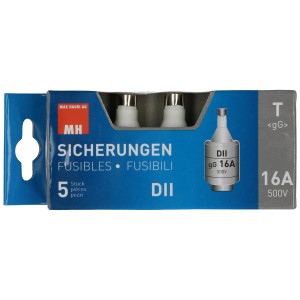 Lot de 5 fusibles à action retardée DT II, 500V, 16A pour une protection fiable contre les surintensités.