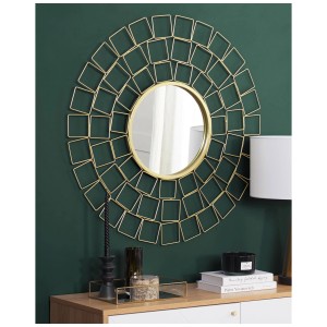 Specchio da parete rotondo Labrit oro (Ø 90 cm) con stravagante cornice in metallo dorato.