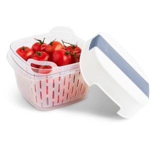 Contenitore per alimenti Rotho Dynamic Fresh 1.6 l con pomodori, coperchio accanto.