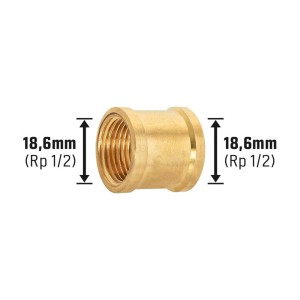Manicotto filettato in ottone 18,6 mm (Rp 1/2) per raccordi di tubi in impianti di riscaldamento e sanitari.