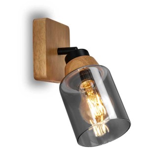 Schwarze Briloner Spot-Leuchte mit Rauchglas und Holzdetails. Dreh- und schwenkbar.