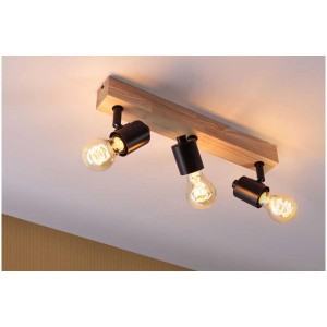 Paulmann E27 LED-Lampe mit Goldlicht, 4,8W, an Holz-Deckenleuchte mit drei schwarzen Fassungen.