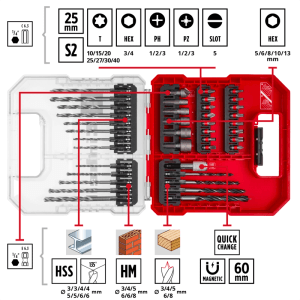 Set punte e inserti Einhell 40 pz in L-CASE rosso aperto. Include punte per legno, pietra, metallo e inserti.