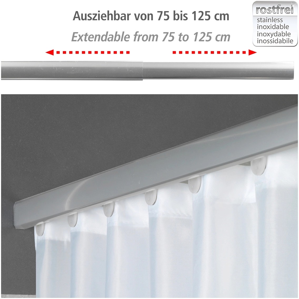 Binario Opaco Resistente All'umidità Sealskin Seallux Binario Telescopico Per Tenda Da Doccia, Acciaio Inox , Bianco, 2 X 2 X 185 Cm Binario Per Tenda 115 Cm