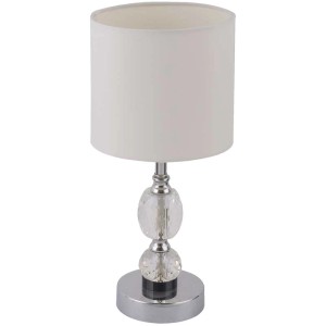 Élégante lampe de chevet Globo avec abat-jour en textile blanc, base chromée et éléments en verre cristal.