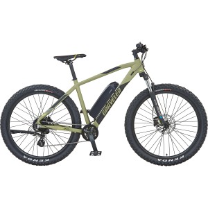 Olivgrünes Prophete E-Mountainbike Graveler 27,5 Zoll mit 8-Gang-Schaltung und Downtube Akku.