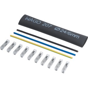 Kit riparazione cavi Wago con guaina termorestringente, fili e 10 connettori.