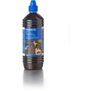 Farmlight Fackelöl 1000 ml in dunkler Flasche mit blauem Deckel für Gartenfackeln. Sorgt für ruhige Flamme im Aussenbereich.