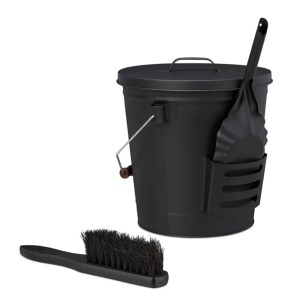 Set de seau à cendres Valo, 3 pièces, noir : seau avec couvercle, pelle et brosse pour cheminée et poêle.