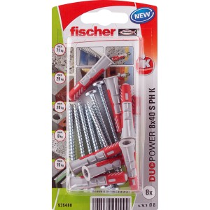 Chevilles Fischer Duopower 8x40 avec vis, adaptées aux matériaux pleins et creux.