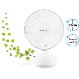 Ventilateur de table blanc Emerio, Ø 23 cm, avec grille de protection et commandes sur la base.