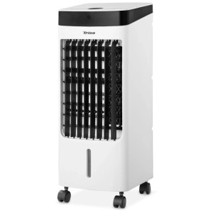 Rafraîchisseur d'air Trisa Hydro Chill X80 Plus, climatiseur blanc avec roulettes et panneau noir.