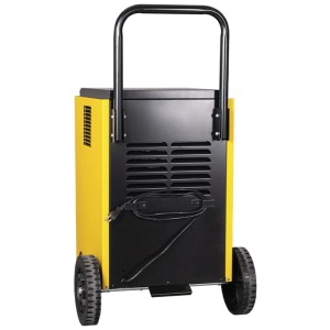Déshumidificateur de chantier Kibernetik B50 noir-jaune, mobile avec roues et poignée. Vue arrière avec grilles.
