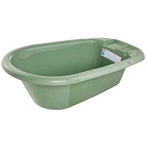 Baignoire bébé Rotho Bella Bambina vert sauge avec poignées et rangements.