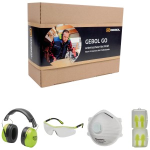 Kit de protection Gebol Profi 4 pièces : casque antibruit, lunettes, masque, bouchons pour protection optimale.