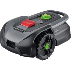 Robot tondeuse LUX-TOOLS A-RMR-300-24 pour pelouses jusqu'à 300 m² avec bouton d'arrêt rouge et détails verts.