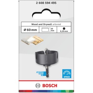 Scie cloche Bosch Wood and Drywall, Ø 60mm, avec support, pour percer le bois et les plaques de plâtre.