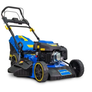 Tondeuse à essence bleue Goodyear GY531LME avec moteur de 225 cm³ et bac de ramassage.