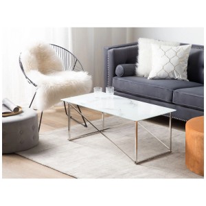 Table basse rectangulaire Emporia avec effet marbre et cadre en acier inoxydable argenté.