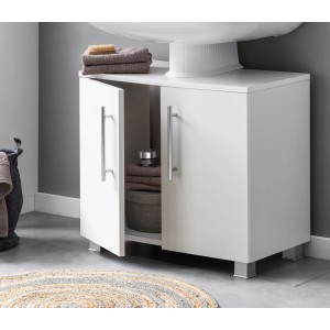 Meuble sous-vasque Badmobil blanc (60 cm) avec porte ouverte et poignées argentées.