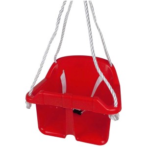 Altalena per neonati Happy People rossa in plastica con corde e cinture bianche.