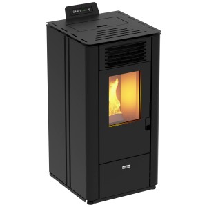 Poêle à granulés noir Ecofox Fenice 6,9 kW avec flamme visible. Poêle à granulés moderne pour une chaleur agréable.