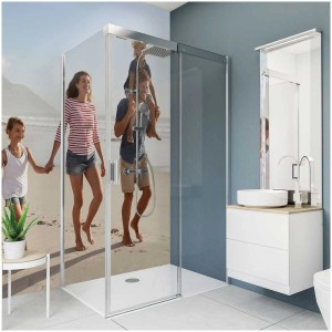 Panneau de douche Breuer avec impression photo personnalisée brillante (150x255 cm) dans la salle de bain.