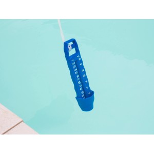 Thermomètre de piscine flottant Steinbach bleu dans l'eau, pour mesurer la température de la piscine.