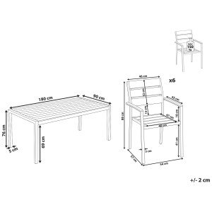Mobilier de jardin Beliani Vernio, 6 places, aluminium noir, avec dimensions de la table et des chaises.