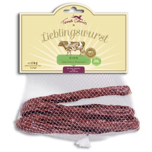 Terra Canis Salsiccia Preferita Manzo, snack premio per cani essiccati all'aria in rete, 170g.