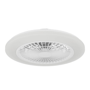 Ventilatore da soffitto LED Eglo Windley bianco e rotondo con luce integrata e griglia. Design moderno.