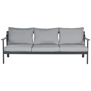 Divano da giardino Beliani Kiato 3 posti, telaio in alluminio grigio scuro, cuscini grigio chiaro, braccioli alti.