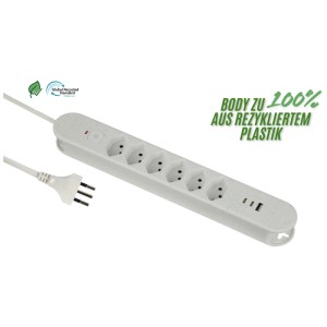 Schönenberger Steckdosenleiste Relife Weiss mit 6 T13 Steckdosen, USB-Anschlüssen und 1,8 m Kabel.
