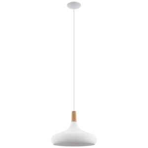 Moderna lampada a sospensione Eglo Sabinar bianca e marrone in acciaio e legno, Ø 40 cm.