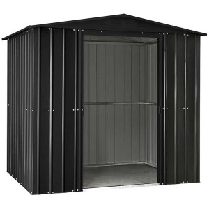Abri de jardin en métal Plus 8x6 anthracite avec porte coulissante, idéal pour ranger les outils.
