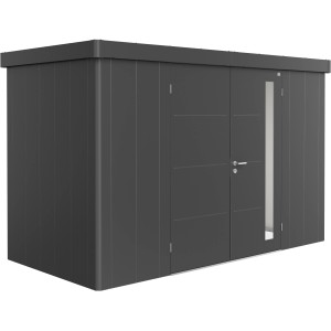 Casetta da giardino Biohort Neo 1D con doppia porta in grigio scuro metallizzato. Casetta in metallo con finestra.