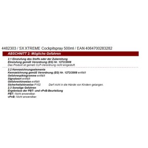 Étiquette du Sonax Xtreme Cockpitspray 500ml pour l'entretien automobile avec avertissements de danger.