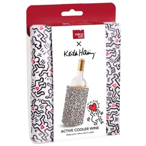 Vacu Vin Kühlmanschette Keith Haring im Karton, weiß mit schwarzen Figuren und roten Herzen, für Weinflaschen.