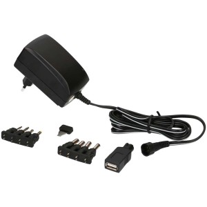 Alimentatore universale 2250mA con adattatori per vari dispositivi.