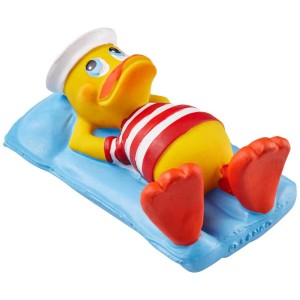 Lanco Anatra Bagno Pool Chill: Anatra gialla con cappello da marinaio e maglietta a righe bianche e rosse su materassino blu.