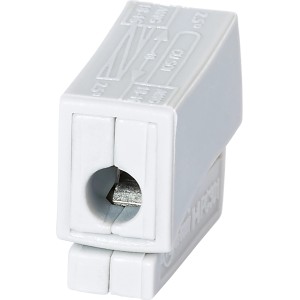 Detailaufnahme einer weißen OBI Leuchtenklemme (25 Stk.) für Kabel bis 2,5 mm.
